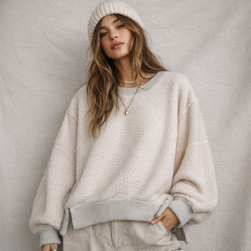 Free People Camden Sherpa Pullover Sz Oversized Cream Grey Chunky Sweater Boho
